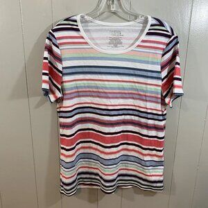 Time and Tru White Multi Stripe Short Sleeve Cotton Casual T Shirt Top